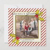 クリームレッドペパーミントストライプホリーフォトクリスマス シーズンカード (正面)