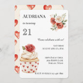 クリームレッドローズカップケーキハートフローラ誕生日 招待状 (正面/裏面)