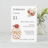 クリームレッドローズカップケーキハートフローラ誕生日 招待状 (スタンド正面)