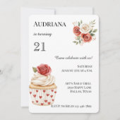 クリームレッドローズカップケーキハートフローラ誕生日 招待状 (正面)