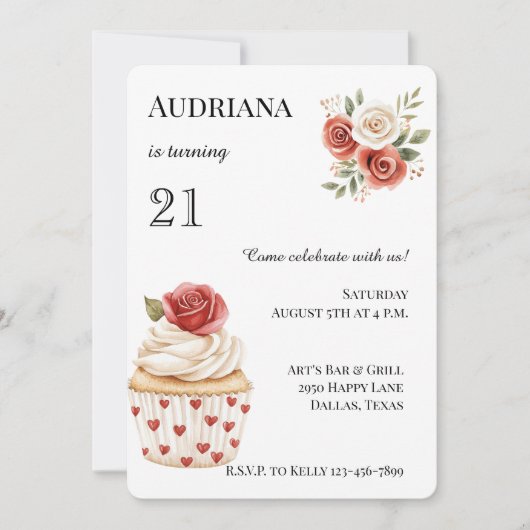 クリームレッドローズカップケーキハートフローラ誕生日 招待状 (正面)