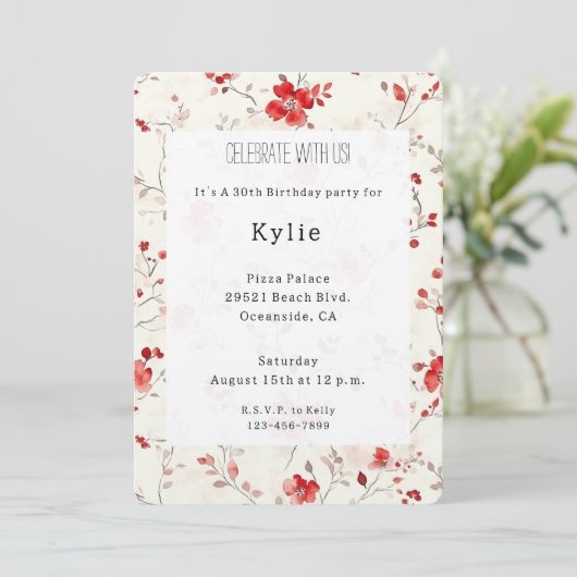 クリームレッド フローラル バースデー 招待状 (スタンド正面)