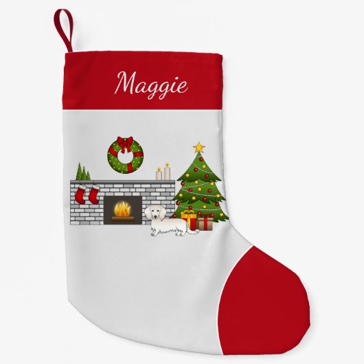 クリームロングヘアダックスシュントかわいい犬のクリスマスルーム スモールクリスマスストッキング (正面)