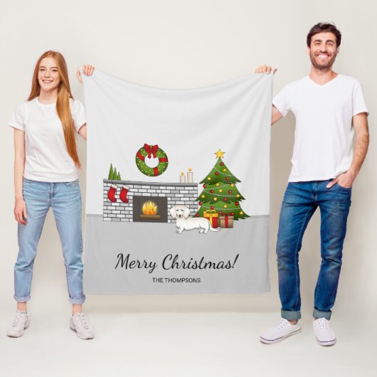 クリームロングヘアダックスシュントかわいい犬のクリスマスルーム フリースブランケット (インサイチュ)