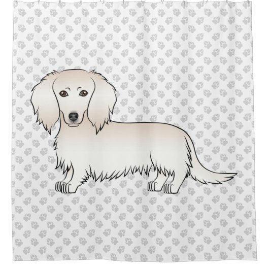 クリームロングヘアダッチシュントかわいい漫画の犬と手 シャワーカーテン (正面)