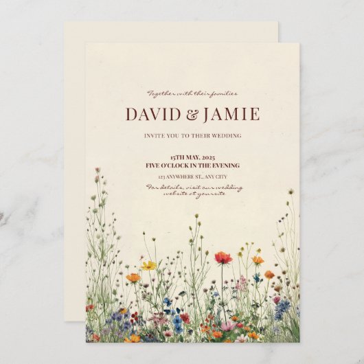 クリームワイルドフラワー結婚式招待状 招待状 (正面/裏面)