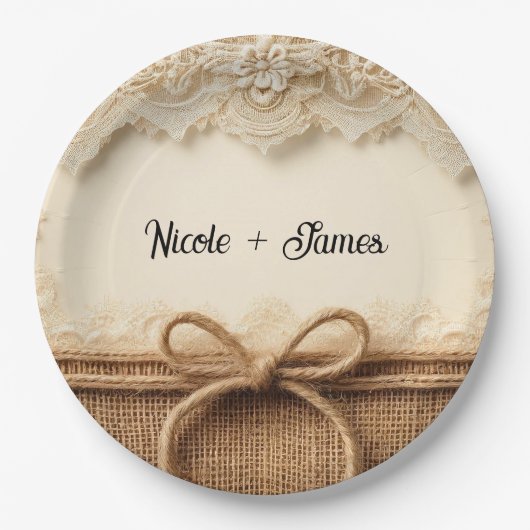 クリームヴィンテージフローラレースバー素朴ラップ結婚ズ ペーパープレート (正面)