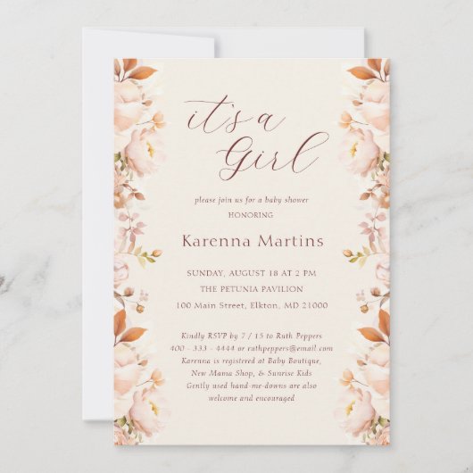 クリームヴィンテージフローラ秋女の子ベビーシャワー 招待状 (正面)