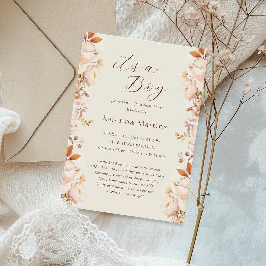 クリームヴィンテージフローラ秋It's a Boy Baby Shower 招待状