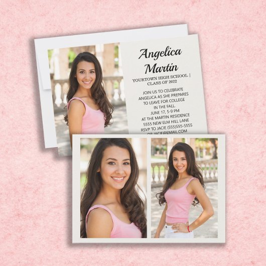 クリーム両面3写真卒業パーティー招待状 招待状