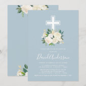 クリーム付き埃っぽい青十字、少年バプテスマ花模様 招待状 (正面/裏面)