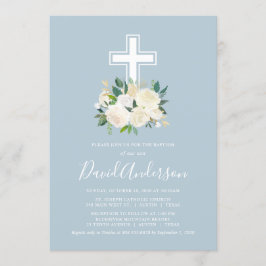 クリーム付き埃っぽい青十字、少年バプテスマ花模様 招待状