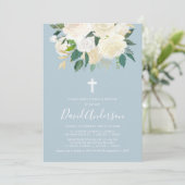 クリーム付き埃っぽい青十字、少年バプテスマ花模様 招待状 (スタンド正面)