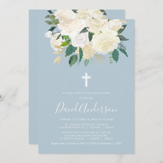 クリーム付き埃っぽい青十字、少年バプテスマ花模様 招待状 (正面/裏面)