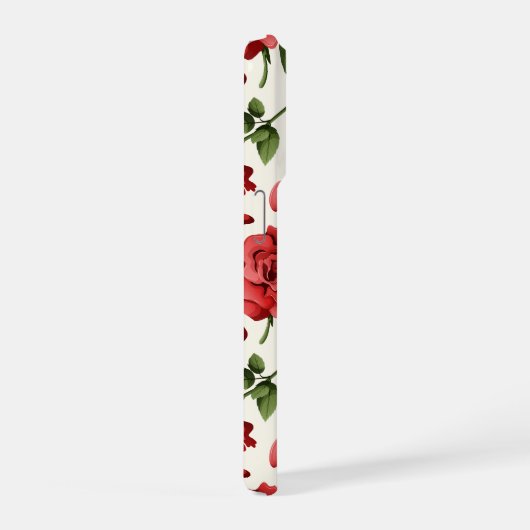 クリーム地にロマンティックな赤バラと植物の花 iPhoneケース (右側面)