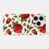 クリーム地にロマンティックな赤バラと植物の花 iPhoneケース (裏面横)