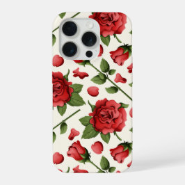 クリーム地にロマンティックな赤バラと植物の花 iPhone 15 PROケース