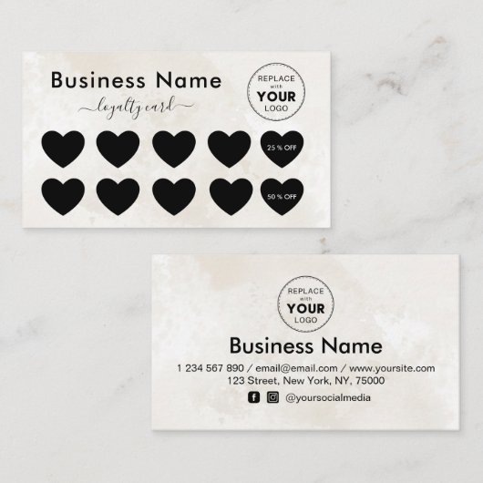 クリーム大理石あなたのロゴ割引を追加ミニマルガーリー ロイヤリティカード (正面/裏面)