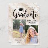 クリーム大理石ホワイトスクリプト写真卒業 招待状 (正面/裏面)