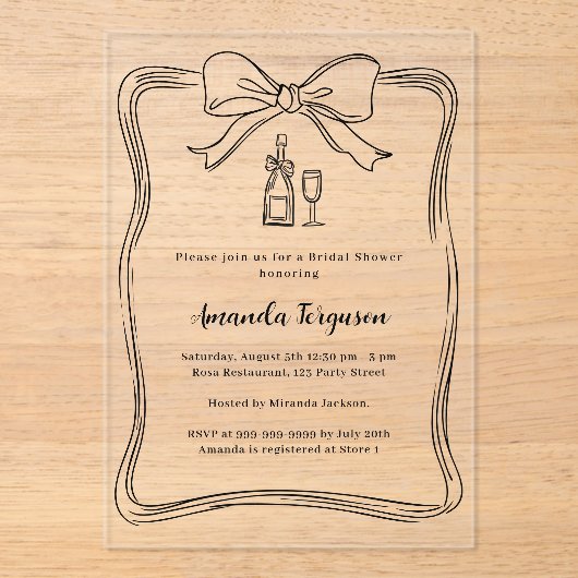 クリーム手引き弓プロセッコ澄んブライダルシャワー アクリル招待状 (正面)