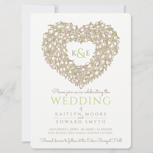 クリーム春チューリップスケッチ結婚ハート 招待状 (正面)