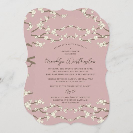 クリーム桜さくらんぼフローズピンクブライダルシャワー 招待状 (正面/裏面)