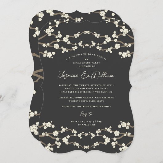 クリーム桜さくらんぼ花グレーアジア結婚ズ 招待状 (正面/裏面)