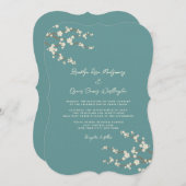 クリーム桜さくらんぼ花ティール（緑がかった色）アジ結婚アン 招待状 (正面/裏面)