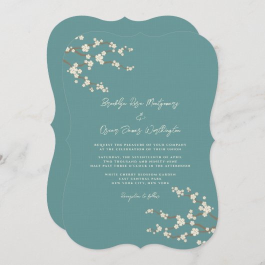 クリーム桜さくらんぼ花ティール（緑がかった色）アジ結婚アン 招待状 (正面/裏面)