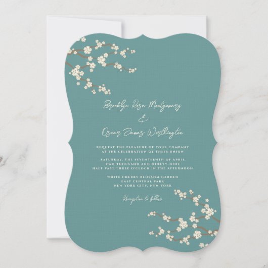 クリーム桜さくらんぼ花ティール（緑がかった色）アジ結婚アン 招待状 (正面)