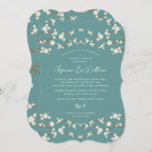 クリーム桜さくらんぼ花ティール（緑がかった色）アジ結婚アン 招待状 (正面/裏面)