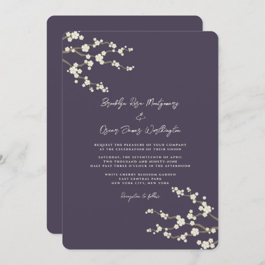 クリーム桜さくらんぼ花パープルアジア結婚ズ 招待状 (正面/裏面)