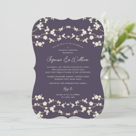 クリーム桜さくらんぼ花パープルアジア結婚ズ 招待状 (スタンド正面)