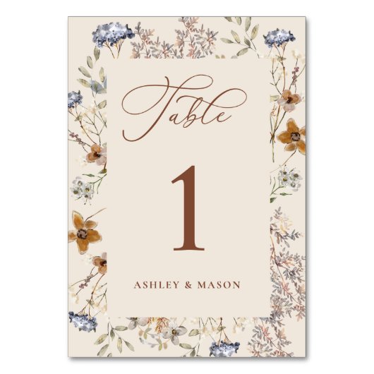 クリーム水彩ワイルドフラワーカリグラフィー テーブルナンバー (正面)