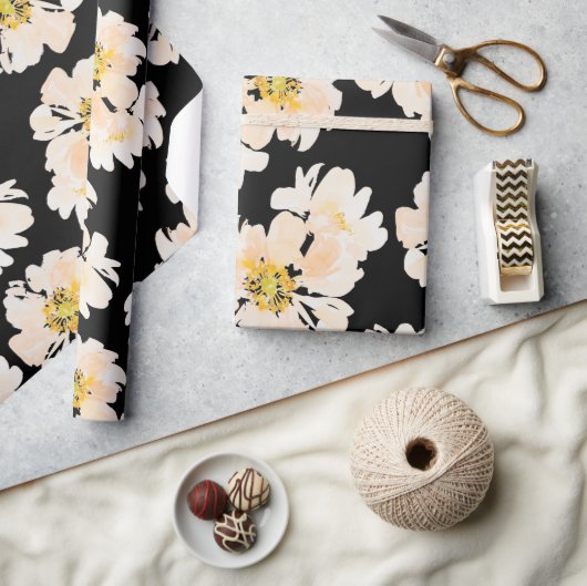 クリーム水色牡丹フラワーデザイン ラッピングペーパー (クラフト)