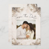 クリーム牡丹の花素朴ヴィンテージ保存日 案内ポストカード (正面/裏面)