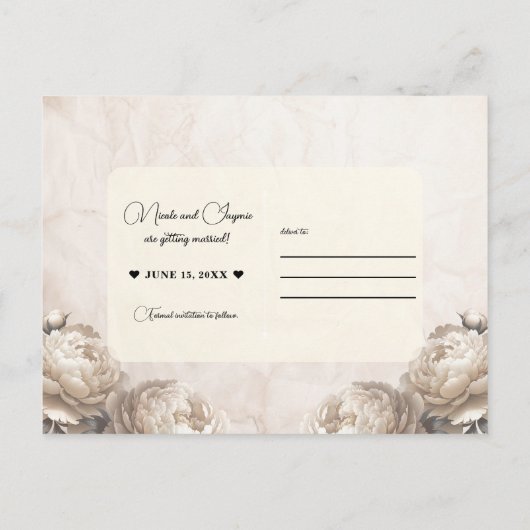 クリーム牡丹の花素朴ヴィンテージ保存日 案内ポストカード (裏面)