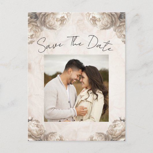 クリーム牡丹の花素朴ヴィンテージ保存日 案内ポストカード (正面)