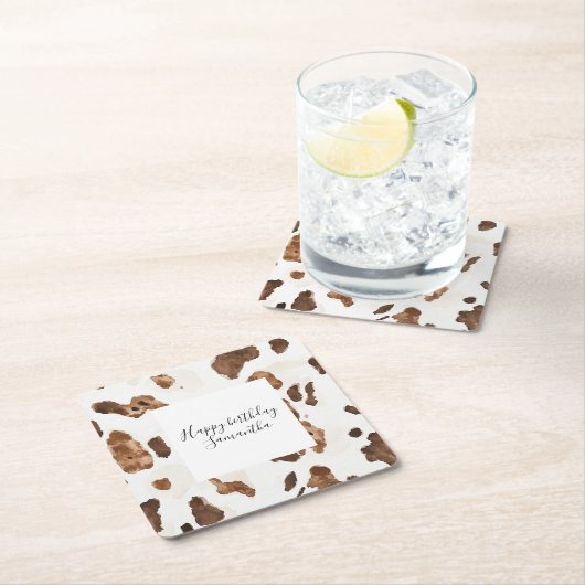 クリーム状ブラウンチョコレートカウトプリント動物誕生日 スクエアペーパーコースター (インサイチュ)