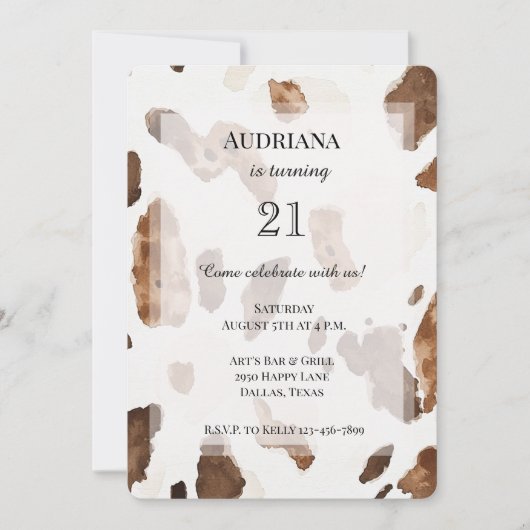 クリーム状ブラウンチョコレートカウトプリント動物誕生日 招待状 (正面)