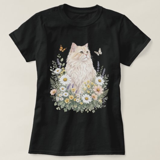クリーム猫の野の花の植物画 Tシャツ (デザイン正面)