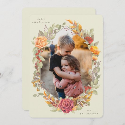 クリーム秋の花模様感謝祭フォトカード シーズンカード (正面/裏面)