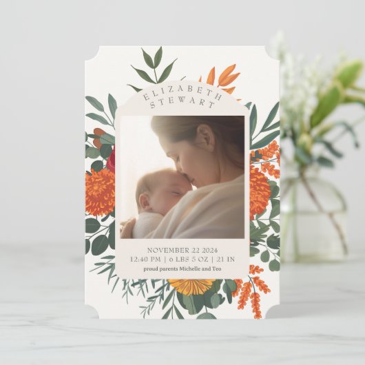 クリーム秋フローラ2写真誕生のお知らせ 招待状 (スタンド正面)