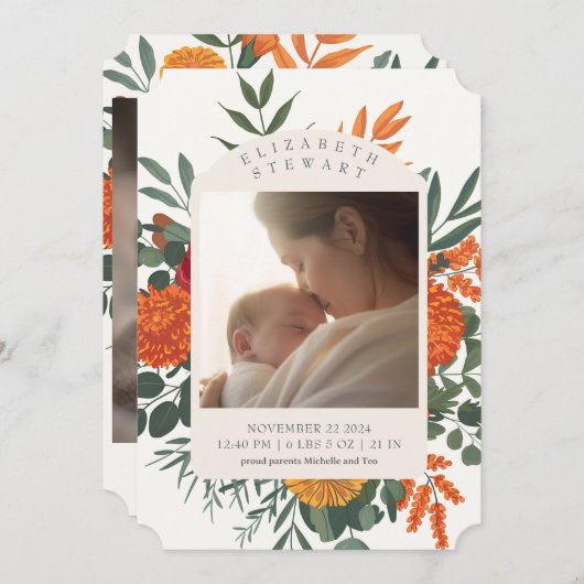 クリーム秋フローラ2写真誕生のお知らせ 招待状 (正面/裏面)