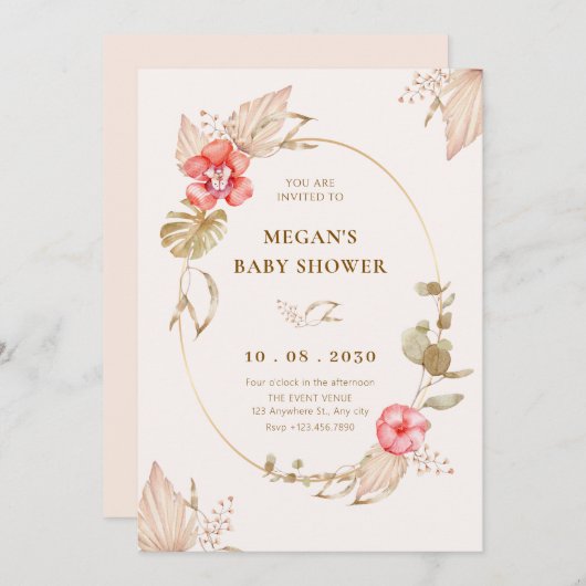 クリーム穏やかなフローラエレガントベビーシャワー 招待状 (正面/裏面)