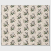 クリーム素朴フクロウと花 ラッピングペーパー (フラット)