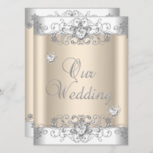 クリーム結婚ズシルバーホワイトダイヤモンドハート 招待状 (正面/裏面)