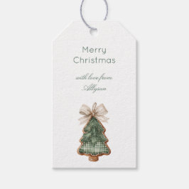 クリーム色とグリーンのリスティックブラウンのクリスマスツリーのリボン ギフトタグ