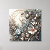 クリーム色とティールブルーの3D立体造形の植物画 フローラル キャンバスプリント (正面)