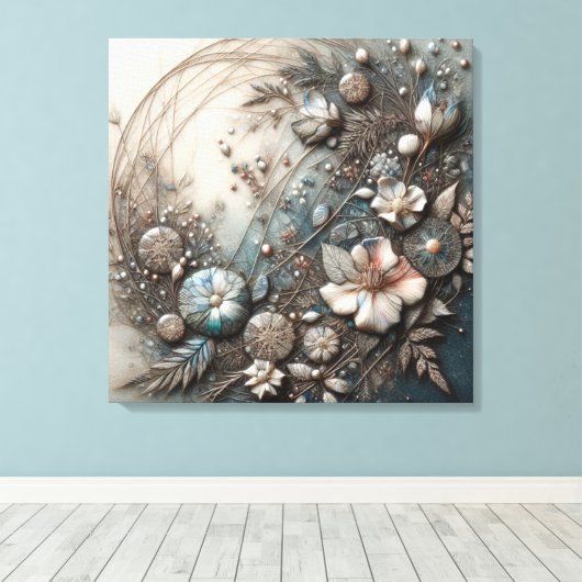 クリーム色とティールブルーの3D立体造形の植物画 フローラル キャンバスプリント (インサイチュ (ウッドフロア))